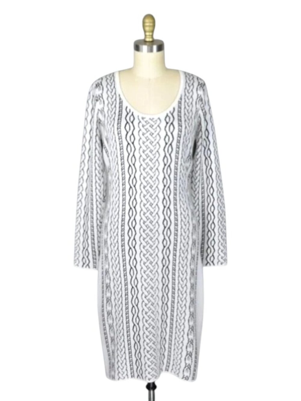 CALVIN KLEIN CABLE PRINT WHITE LONG SLEEVE SWEATER DRESS - Picture 3 of 9